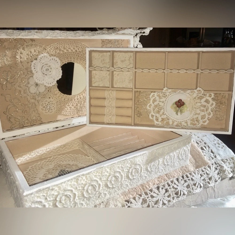 Handmade Large Jewelry Box Vintage Lace & Jewelry FLOWER BOUQUET Single Tray NWT